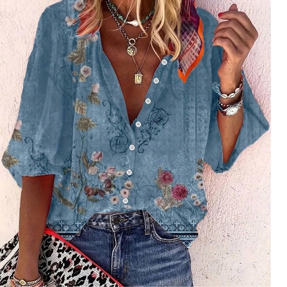 Boho Floral Print Button Down Oversized Balloon Sleeve Top S M L XL XXL